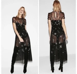 EXPRESS Sheer Embroidered Silver Shooting Star Sequin Black Dress XS Bodysuit - Picture 1 of 7