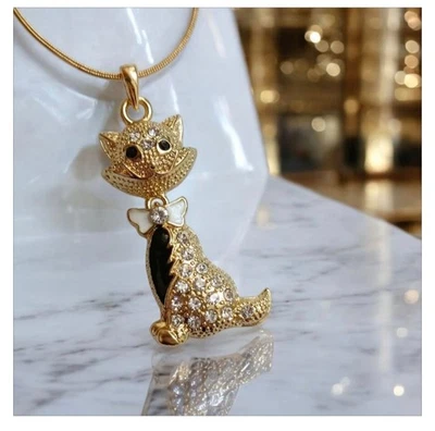 Filigrane Kette goldfarben Anhänger "Katze " Strass  Modeschmuck - Bild 1 von 4