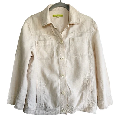 Sigrid Olsen 100% Linen Jacket Khaki Size Medium Pockets Beach Coastal Natural - Image 1 of 4