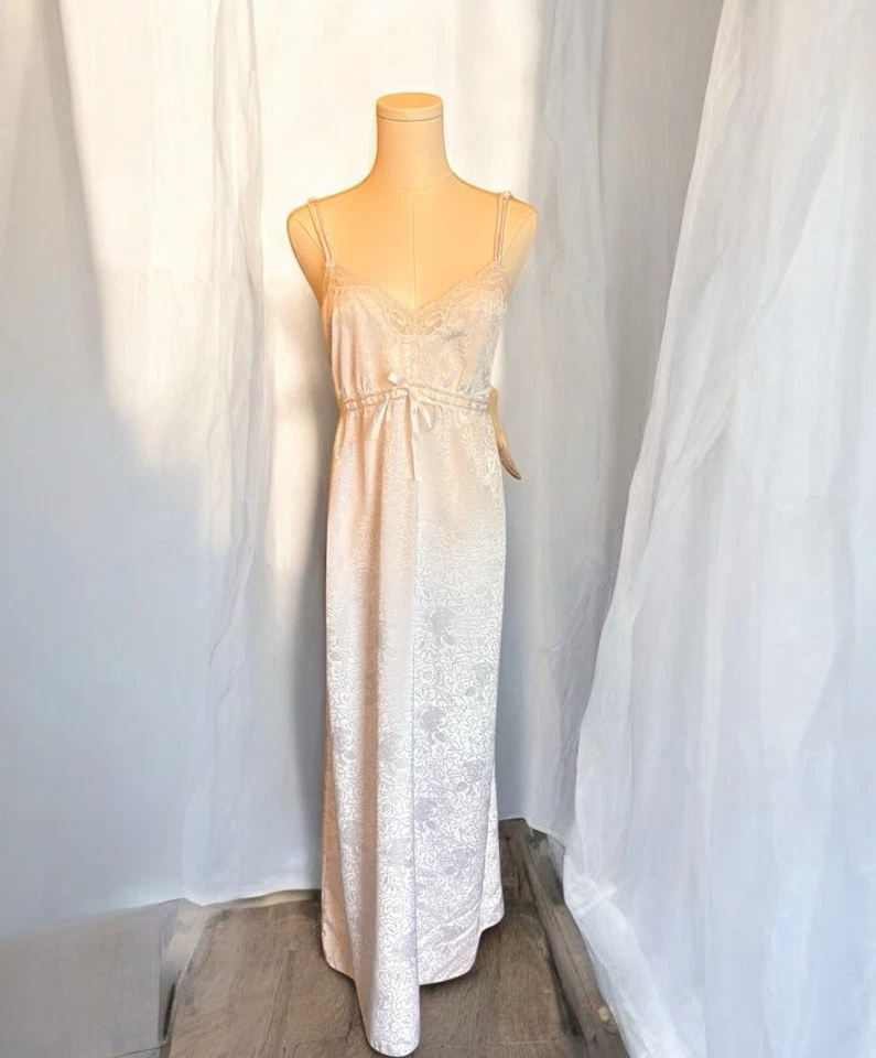 Nuevo con etiquetas Camisón Vintage Barbizon Blanco Largo Completo Delicado Encaje Cinta Jacquard L Foto 1 de 4
