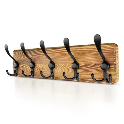 SAYONEYES Rustic Coat Rack Wall Mount Solid Pine Wood with 5 Triple Hooks Pre-Assembled