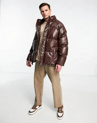 Urbancode Mens Faux Leather Puffer Jacket In Brown Size Small - Image 1 of 4