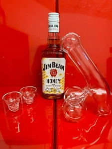 Jim Beam Honey Whiskey 0,7 + 2 x Totenkopf/schädel Shotglässer + 1 x Dekanter - Bild 1 von 3