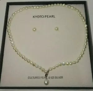 KYOTO PEARL Genuine Freshwater White Pearl 18" Silver 925 Necklace Earrings Set