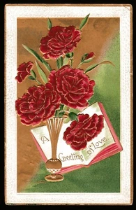 A Greeting of Love Wild Roses Gold Vase Book Vtg 1910 Hughesville PA Cancel PC - Picture 1 of 3