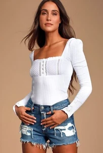 Free People Sugar Sugar White Ribbed Long Sleeve Top Size LARGE - Picture 1 of 5