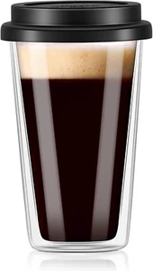 Freshmage Double Walled Glass Coffee Mugs with Silicone Lids,12 OZ Insulated Dri - Picture 1 of 12