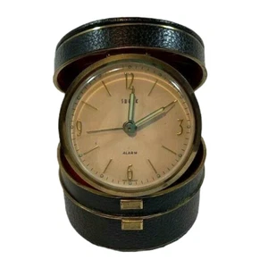 Swank German Leather Travel Alarm Clock Storage Compartment Glow in Dark hands - Picture 1 of 10