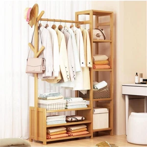 Colourtree Bamboo 39" W Clothing Rack Storage Shelves Garment Hanging - Picture 1 of 10