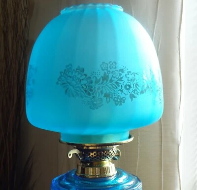 Victorian Style TURQUOISE Frosted Glass BEEHIVE Oil Lamp Shade With Floral Motif