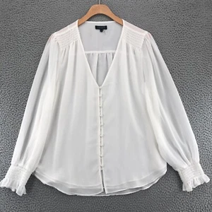 1 State Top Womens Large White Chiffon Smocked Yoke Long Balloon Sleeves Blouse - Picture 1 of 9