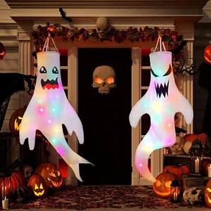 2Pack 47 Inch Halloween Ghost Windsocks w/ LED Light for Outdoor Halloween Decor - Picture 1 of 7