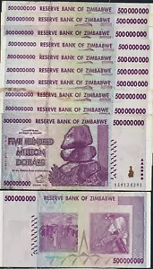 ZIMBABWE 500 Million X 10 PCS, 1/10 Bundle, AA, 2008, P-82, 50/100 Trillion,Used - Picture 1 of 3