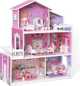 Wooden Dollhouse Playset 3 Stories 5 Rooms 24 PCS Furniture Pretend Play Toys - Picture 1 of 7