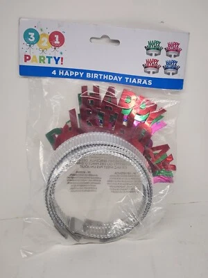 Foil Tiaras 4/Pkg Happy Birthday Assorted Colors - Image 1 of 2