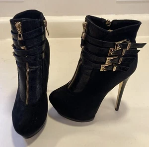 Bebe Faux Black Suede & Reptile Print Stiletto Platform Ankle Heels Boots Size 6 - Picture 1 of 10