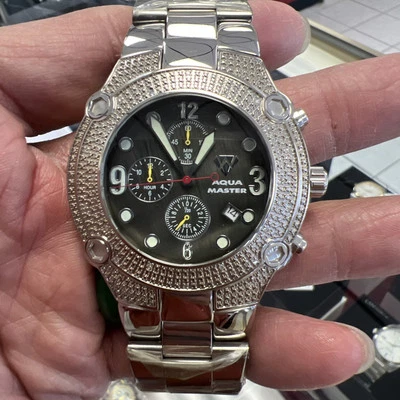 Mens Aqua Master .20ct Z.C STONE Watch Silver Dial Chronograph $Large Number💥 - Image 1 of 4