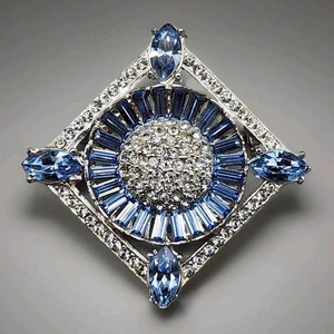 Vtg Wiesner Brooch Blue Art Deco Style Baguette Rhinestone Pave Cluster Pin Read - Picture 1 of 6