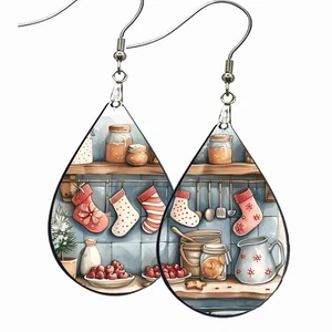 Retro Christmas Goodies Kitchen Baking Retro Earrings Teardrop Dangle Wood - Picture 1 of 7
