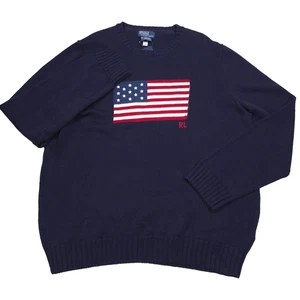 Polo Ralph Lauren Azul Icónico Bandera de EE. UU. Algodón Cuello Redondo Suéter Para Hombres Talla 2XL - Imagen 1 de 8
