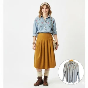Vintage 80er Button Up Top Gr. 20 W Chambray Denim Stickerei Grannny Cottage Chic - Bild 1 von 6