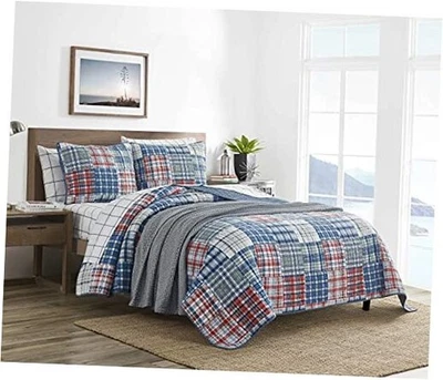  - Quilt Set, Soft & Breathable Cotton Bedding Queen Raeford Blue/Red/Green - Image 1 of 4