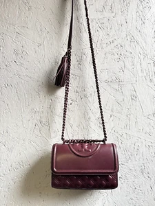 TORY BURCH Fleming quilted leather tassel small convertible crossbody bag -Wine - Picture 1 of 15