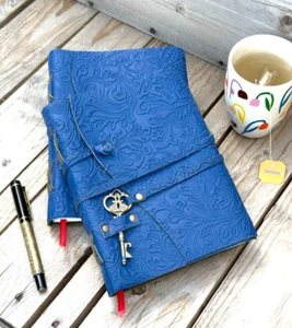 Blue Floral A5 Leather Journal | 200 Pages | Handmade to Order | Pure Leather - Picture 1 of 5