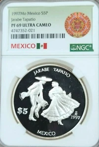1997 MEXICO SILVER 5 PESOS S5P JARABE TAPATIO NGC PF 69 ULTRA CAMEO HIGH GRADE - Picture 1 of 3