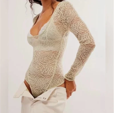 Free People Movement In My Head Floral Lace Bodysuit Moss Green Sz M - Image 1 of 4