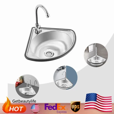 Corner Sink Wall Mounted Wash Basin W/ Faucet Stainless Steel Kitchen Bathroom - Image 1 of 4