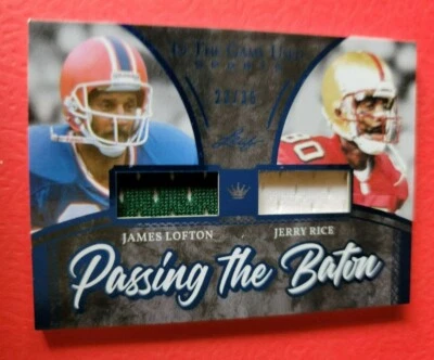 JERRY RICE JAMES LOFTON GAME USED JERSEY CARD #d23/35 2020 LEAF ITG 49ERS BILLS - Image 1 of 2