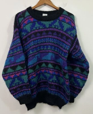 Suéter Pullover Diseño Islandés Vintage Mohair Negro Multi Manga Larga Talla M Foto 1 de 4