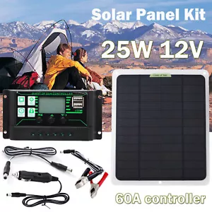 Trickle Charger 25W Solar Panel 12V Battery Charger Maintainer + 60A Controller - Picture 1 of 13