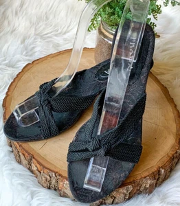 PRADA VTG Kitten Heel Open Toe Slip On Sandals Strappy Velvet Floral Black 35/5 - Picture 1 of 10