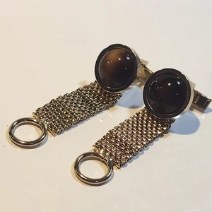Vintage Gold Tone W/ Round Brown Stone Mesh Wraparound Cuff Links - Picture 1 of 6