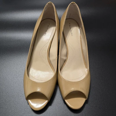 Tacones Peep Toe De Colección Y2k Años 2000 Mujer 9.5 Charol Brillo Desnudo Tostado Tahari  Foto 1 de 4
