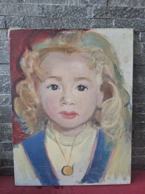 peinture ancienne huile sur toile , Portrait Enfant Fille.Tableau Encadré - Photo 1/4