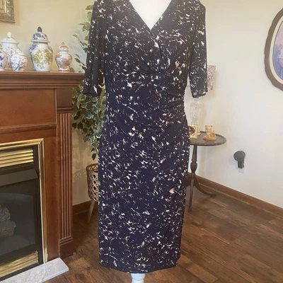Lauren Ralph Lauren Women’s Size 10 Faux Wrap Dress Navy Abstract Ruched Midi - Image 1 of 4