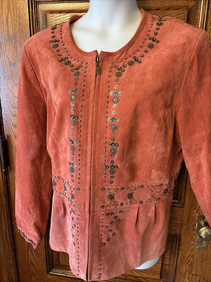 CHAQUETA VINTAGE Pamela McCoy tachonada cremallera cuero gamuza genuino para mujer talla 2X Foto 1 de 4