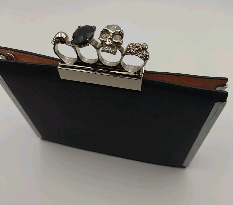 Black Leather Jeweled Skull Knuckle Clutch - Image 1 of 4