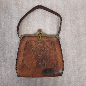 Bolso Cartera Nocona Vintage Antiguo Floral Cuero Tocado a Mano Art Nouveau - Imagen 1 de 9