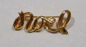 NOEL Christmas Brooch Pin Gold Tone Script Letter Holiday Jewelry 1.75"x.75"x.50 - Picture 1 of 3