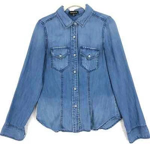 Trouve Womens XS Blue Chambray Shirt Button Down Long Sleeve Flap Pockets Fitted - Picture 1 of 5