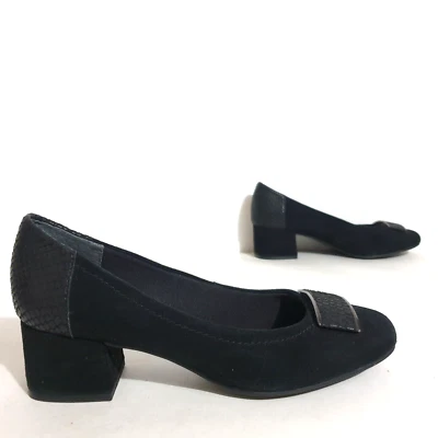 Supersoft Diana Ferrari Shoes Sz 7 C Black Mid Block Heels Suede Snake Bellum - Image 1 of 4