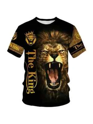 Camiseta Rey León Feroz Moda Novedad Hombres Negro Oro Manga corta Camisa sedoso Foto 1 de 2