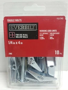 Everbilt 1/4" x 4" Zinc Toggle Bolt w/ Round-Head Phillips Drive Screw (10 Pack) - Foto 1 di 4