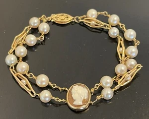 Bracciale Oro Giallo Massiccio 14K Doppio Filo Perle Stazione Centrale Cammeo 6,5” 9,g - Foto 1 di 5