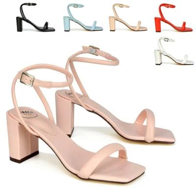 Womens Strappy Ankle Strap Sandals Ladies Block Heel Square Toe Shoes Size 3-8 - Image 1 of 4
