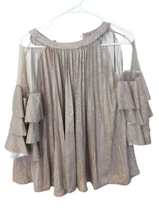 Vivid Top Womens Medium Metallic High Neck Pleated Tiered Bell Sleeve Blouse NWT - Picture 1 of 10